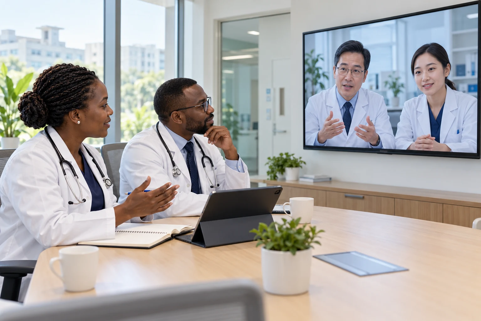 Hospital clinicians discussing specialist cooperation by video with a Chinese medical team